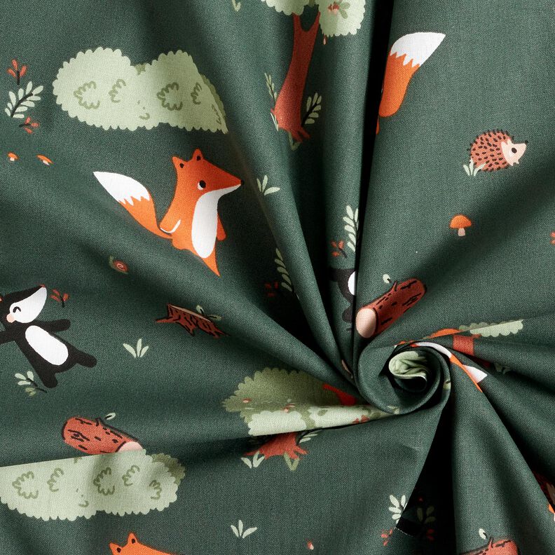 Popelina de algodón Animales del bosque felices – verde oscuro/naranja melocotón,  image number 3