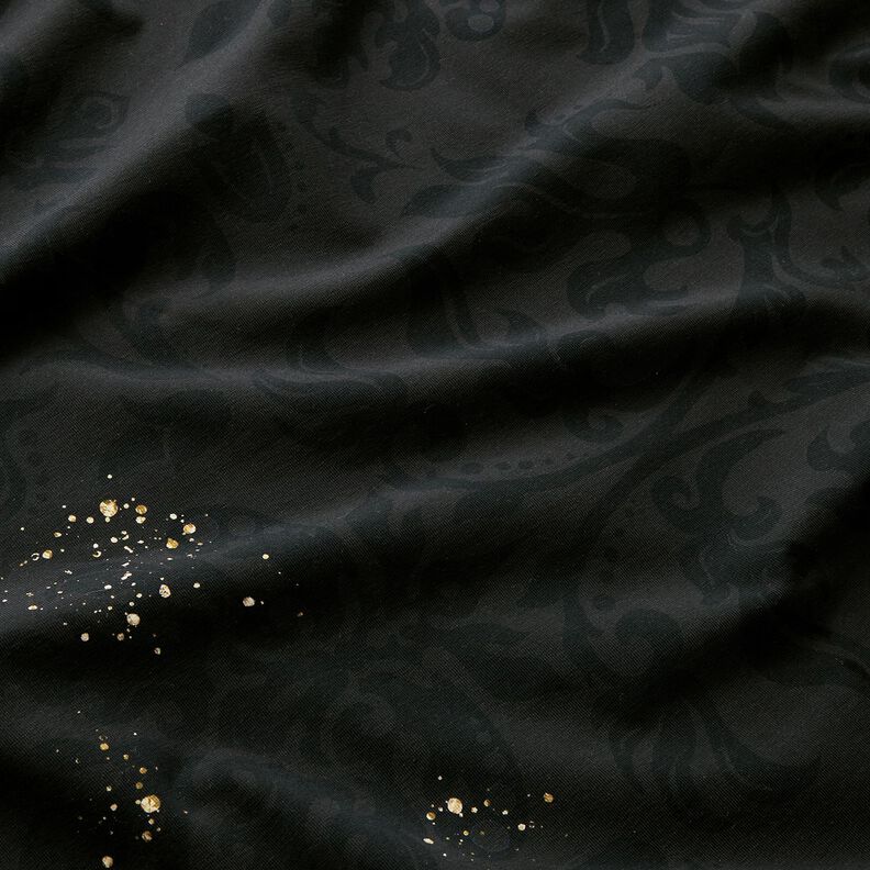 Tela de jersey de algodón Tela de cenefa mandala barroca motas doradas | Glitzerpüppi – negro,  image number 6