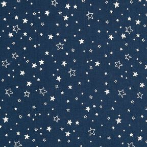 Tela de algodón Popelina Estampado de lámina Estrellas navideñas – azul noche/plata metalizada, 
