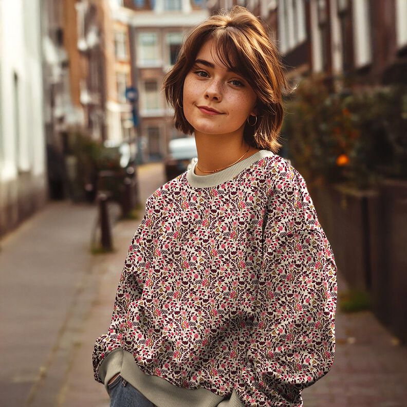 Felpa francesa veraniega pequeñas flores Impresión digital – anacardo/rosa intenso,  image number 5