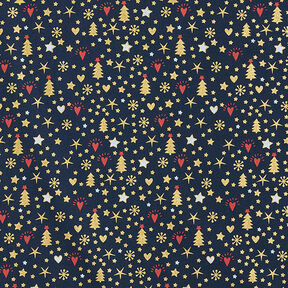 Tela de algodón Popelina Corazones y estrellas – azul noche/dorado, 