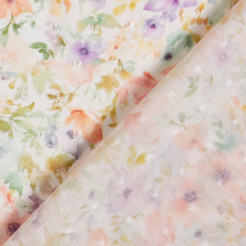 Tela de viscosa Dobby con estampado digital de acuarela mar de flores – marfil/lavanda,  image number 4