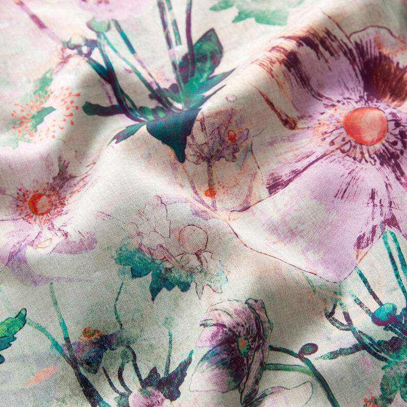 Satén de algodón Japenese Anemone | Nerida Hansen – naturaleza/lila pastel,  image number 2