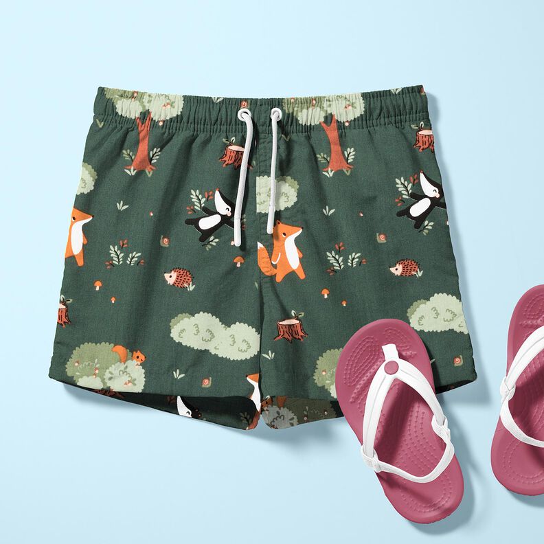 Popelina de algodón Animales del bosque felices – verde oscuro/naranja melocotón,  image number 5