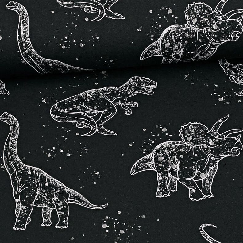 Tela de jersey de algodón Contornos de dinosaurios | Glitzerpüppi – negro/blanco,  image number 2