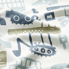 Felpa francesa Veh&iacute;culos garabateados &ndash; blanco/azul, 