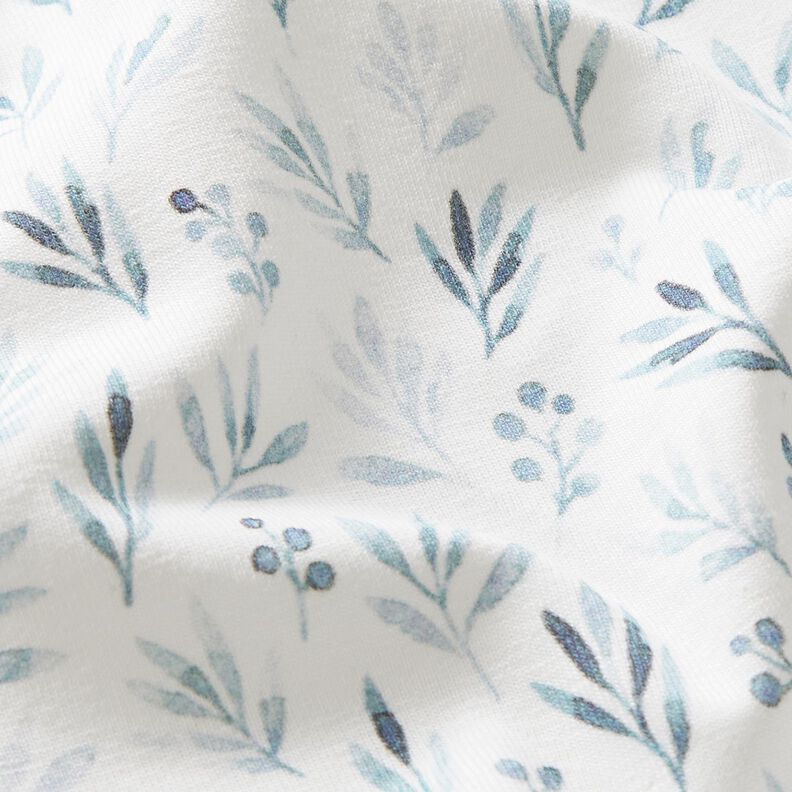 Tela de jersey de algodón Delicadas ramas y flores de acuarela Impresión digital – marfil/azul,  image number 2