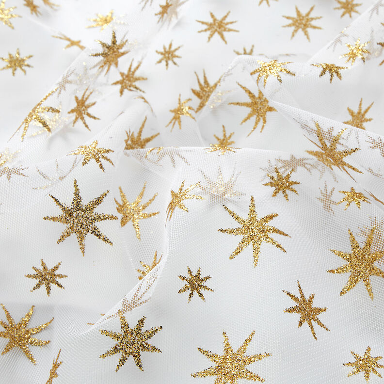 Tul con estrellas brillantes – blanco/dorado,  image number 2