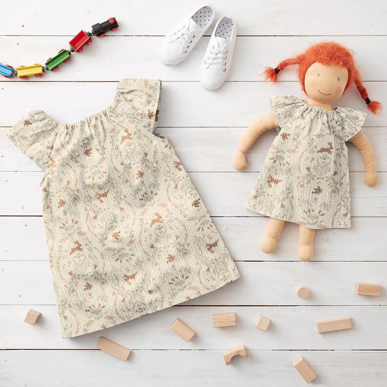 Muselina/doble arruga Pájaro y conejo en el jardín de flores – blanco lana,  image number 5