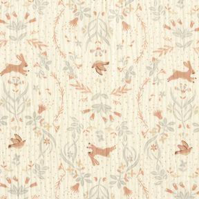 Muselina/doble arruga Pájaro y conejo en el jardín de flores – blanco lana, 