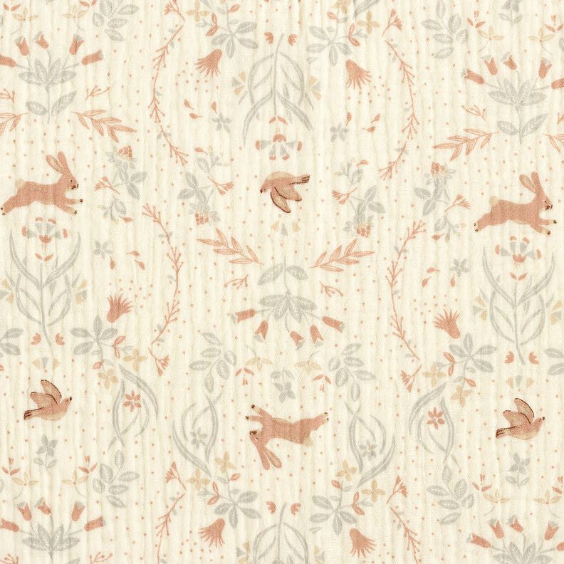 Muselina/doble arruga Pájaro y conejo en el jardín de flores – blanco lana,  image number 1