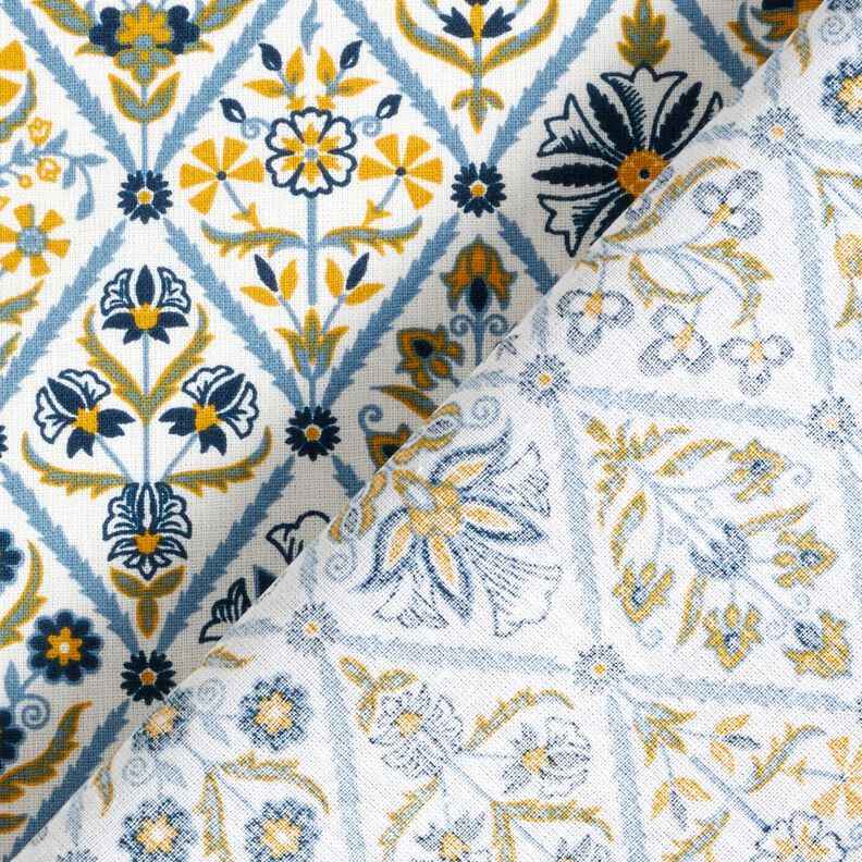 Tela de algodón Cretona Azulejos de flores – blanco/azul brillante,  image number 4
