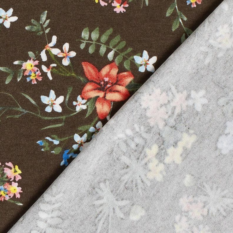 Tela de jersey de viscosa Flores pequeñas – marrón oscuro/rojo fuego,  image number 4