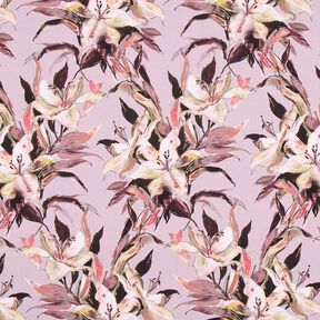Tela de jersey de algodón Impresión digital de lirios grandes – violeta pastel/greige, 