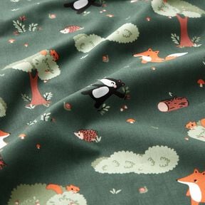 Popelina de algodón Animales del bosque felices – verde oscuro/naranja melocotón, 