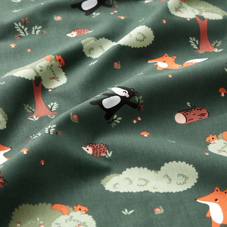 Popelina de algodón Animales del bosque felices – verde oscuro/naranja melocotón,  image number 2