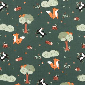 Popelina de algodón Animales del bosque felices – verde oscuro/naranja melocotón, 