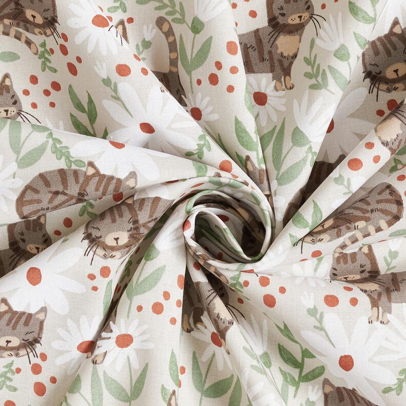 Tela de algodón Cretona Gatos en el prado de flores – gris plateado,  image number 3
