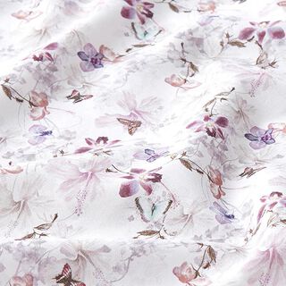 Tela decorativa Popelina de algodón Mariposas y orquídeas – violeta pastel, 