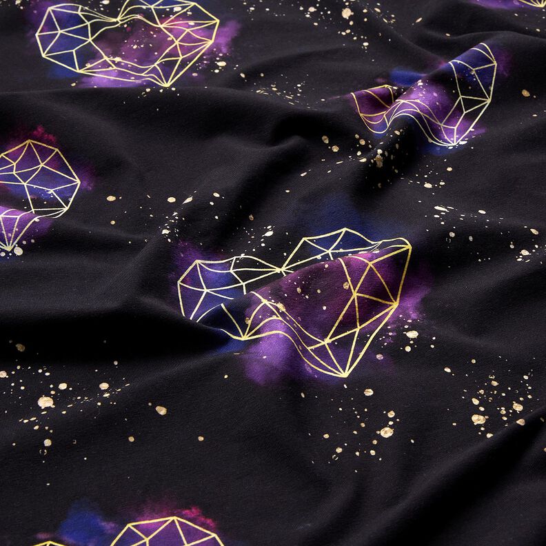 Tela de jersey de algodón Corazones de origami con chispas doradas | Glitzerpüppi – negro/lila,  image number 2