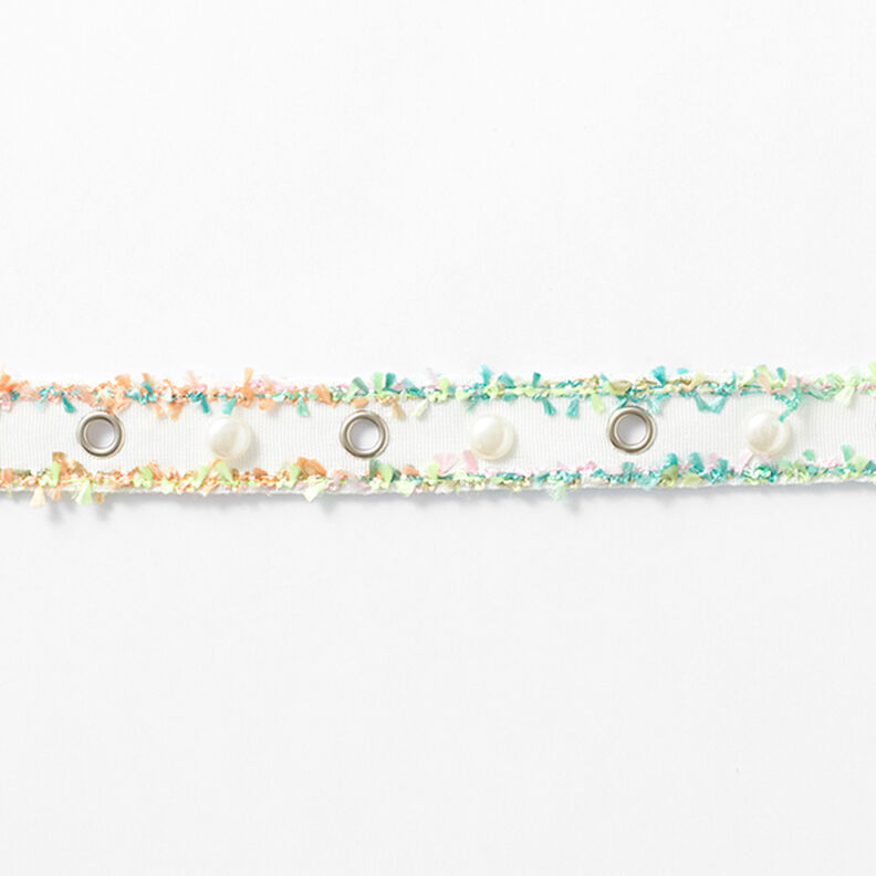 Cinta para tejer Ojales y perlas [25 mm] – blanco/verde neon,  image number 2
