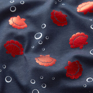 Tela de jersey de algodón Conchas Metálico – azul negro/rojo, 