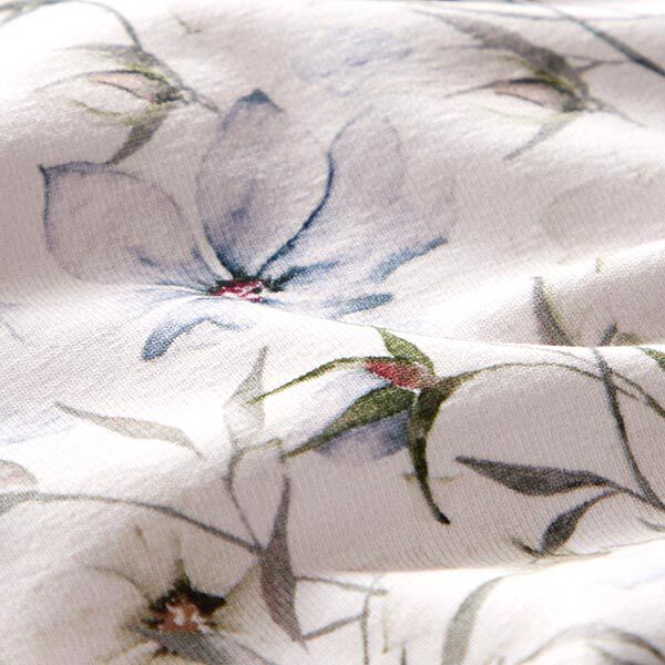 Tela de jersey de algodón orgánico Prado de flores de acuarela – gris brumoso/azul metálico,  image number 2