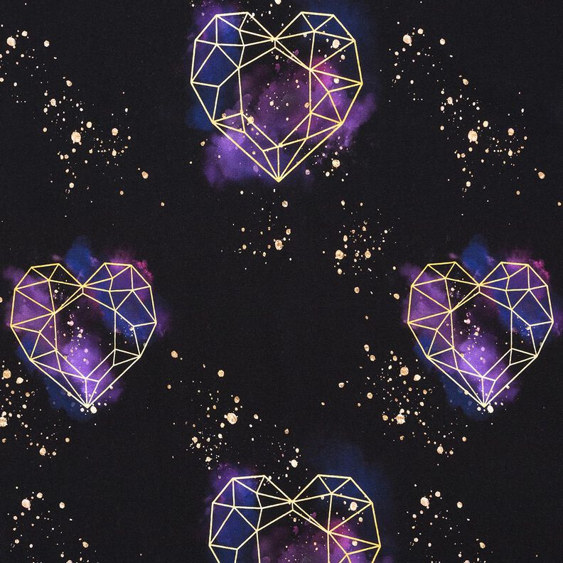 Tela de jersey de algodón Corazones de origami con chispas doradas | Glitzerpüppi – negro/lila,  image number 1