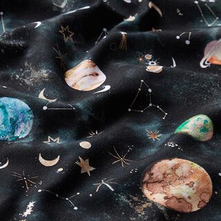 GOTS Tela de jersey de algodón Impresión digital Universo y constelaciones – negro, 