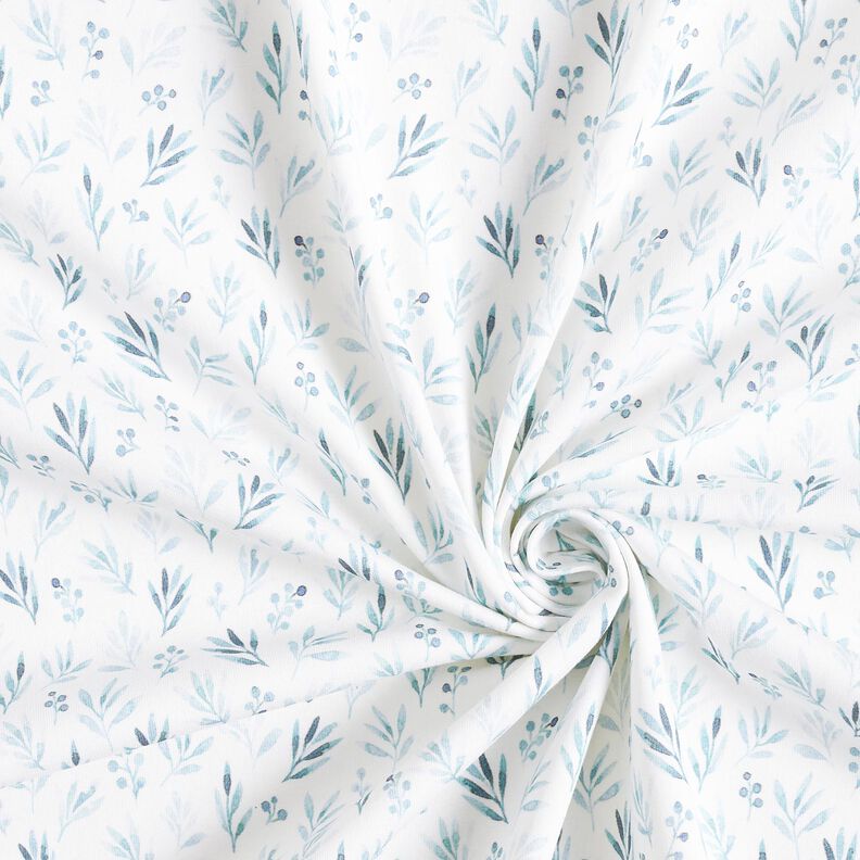 Tela de jersey de algodón Delicadas ramas y flores de acuarela Impresión digital – marfil/azul,  image number 3
