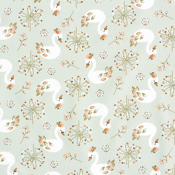 Popelina de algodón Cisne y flor – verde pastel,  image number 1