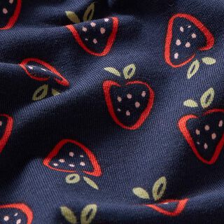 Tela de jersey de algodón Fresas estilizadas – azul marino/rojo fuego, 