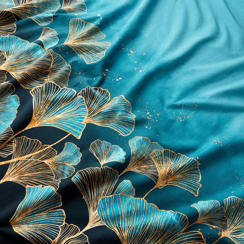 Tela de jersey de algodón Tela de cenefa con hojas de Ginkgo dorado | Glitzerpüppi – negro/turquesa,  image number 1