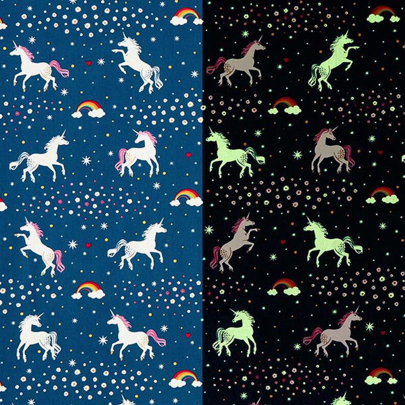 Tela decorativa Unicornios bailando Brilla en la oscuridad – azul océano/rosa,  image number 1