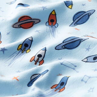 Tela de jersey de algodón Cohetes y planetas – azul baby, 