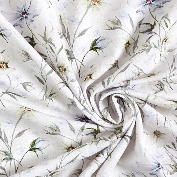 Tela de jersey de algodón orgánico Prado de flores de acuarela – gris brumoso/azul metálico,  image number 3