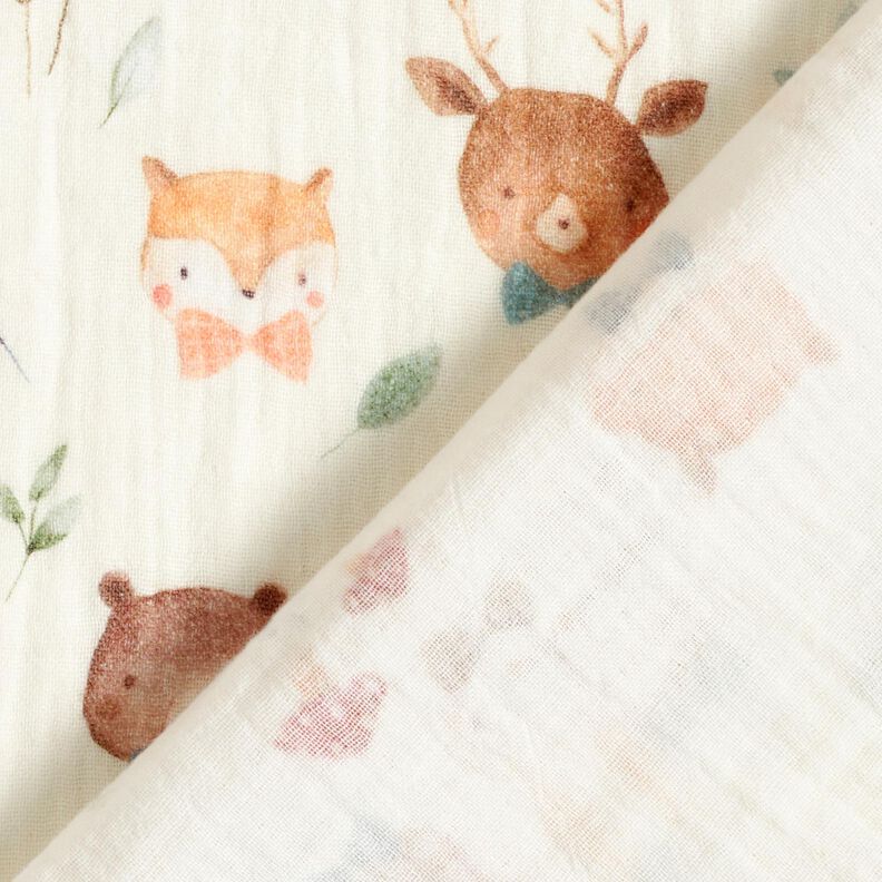 Muselina/doble arruga Cabezas de animales del bosque Impresión digital – blanco lana,  image number 4