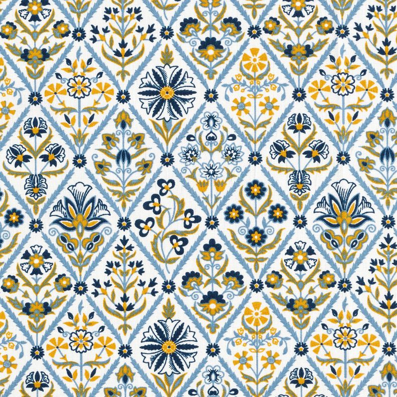 Tela de algodón Cretona Azulejos de flores – blanco/azul brillante,  image number 1