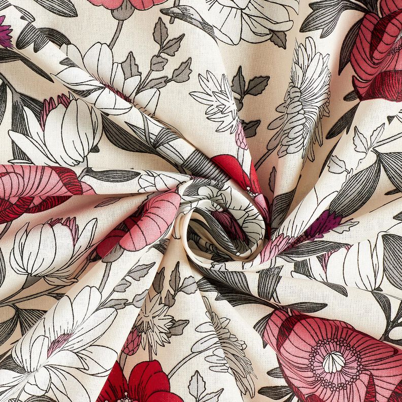 Tela de algodón Cretona Flores coloridas – uva/naturaleza,  image number 3