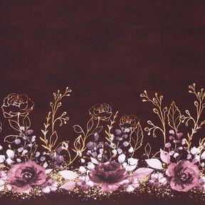 Tela de jersey de algodón Tela ribeteada Flores en purpurina dorada | Glitzerpüppi – burdeos/lila, 