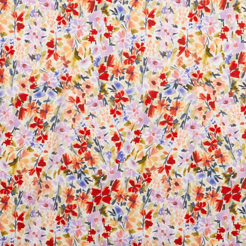Gasa de algodón con impresión digital de pradera floral de acuarela – marfil/rojo,  image number 1