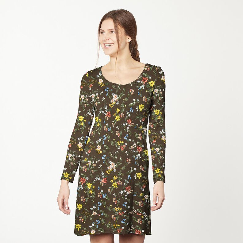 Tela de jersey de viscosa Flores pequeñas – marrón oscuro/rojo fuego,  image number 6