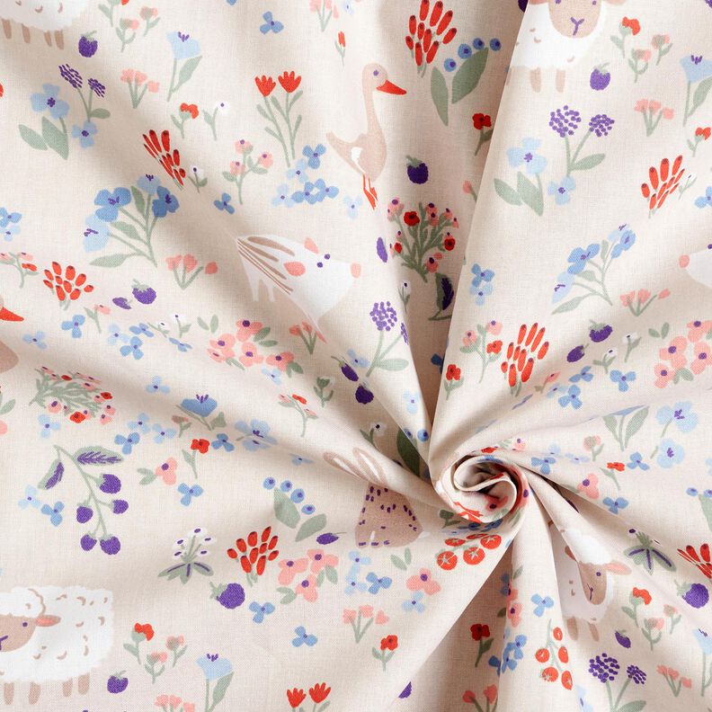 Popelina de algodón Animales en un prado de flores – naturaleza/rojo fuego,  image number 3
