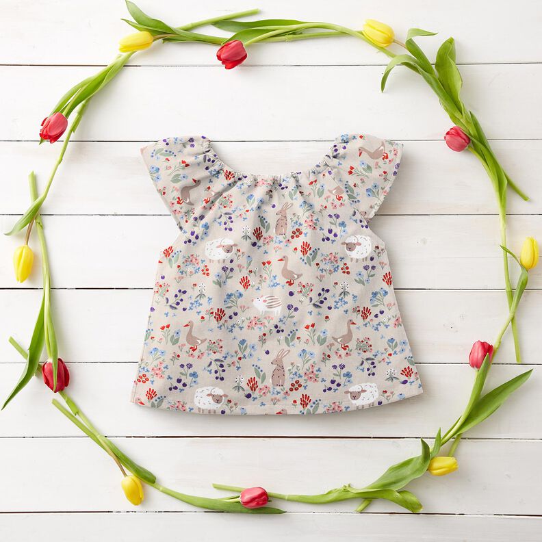 Popelina de algodón Animales en un prado de flores – naturaleza/rojo fuego,  image number 7