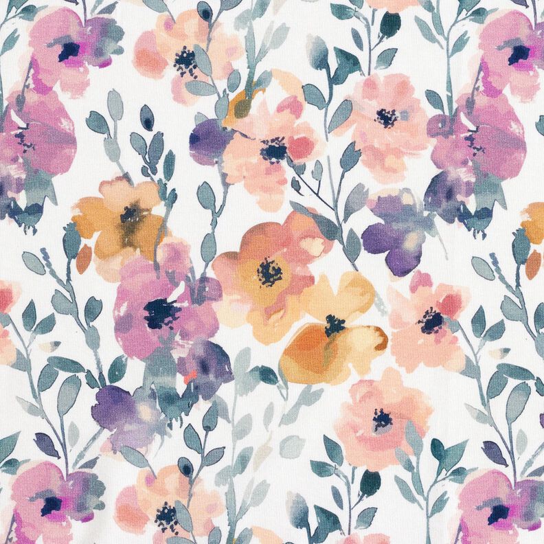 GOTS Tela de jersey de algodón Prado de flores de acuarela Impresión digital – marfil,  image number 1
