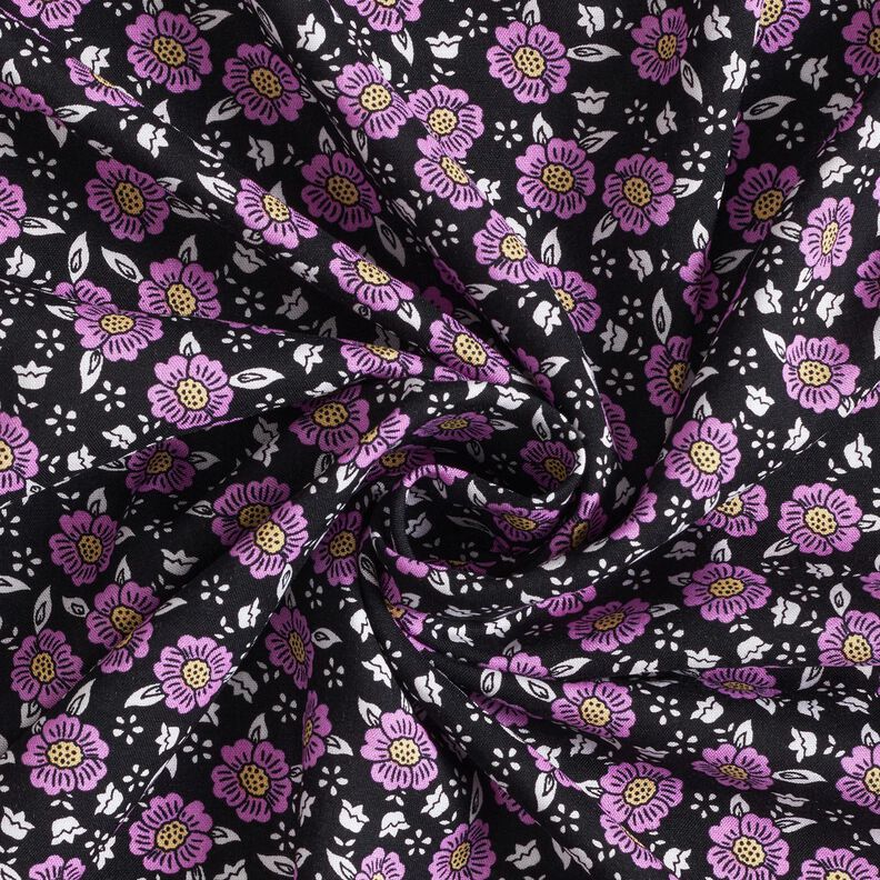 Tela de viscosa Mar de flores – negro/violeta pastel,  image number 3