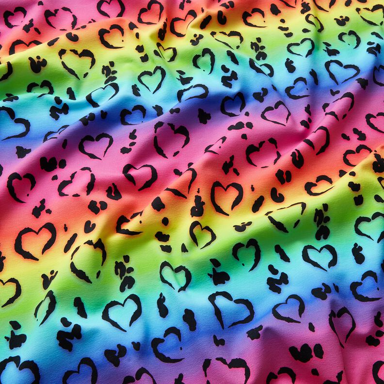 Tela de jersey de algodón Leopardo corazones arcoíris | Glitzerpüppi – negro/mezcla de colores,  image number 1