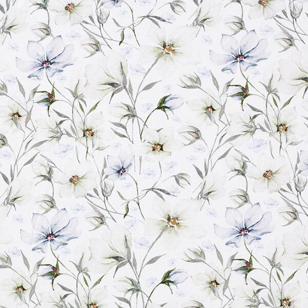 Tela de jersey de algodón orgánico Prado de flores de acuarela – gris brumoso/azul metálico,  image number 1