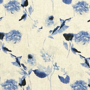 Mezcla de lino y viscosa Rosas de acuarela – naturaleza/azul marino, 