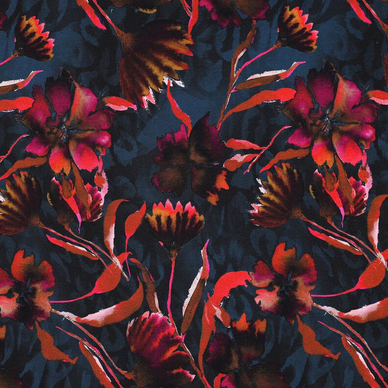 Tela de jersey de algodón Flores expresivas Impresión digital – azul noche/uva,  image number 1